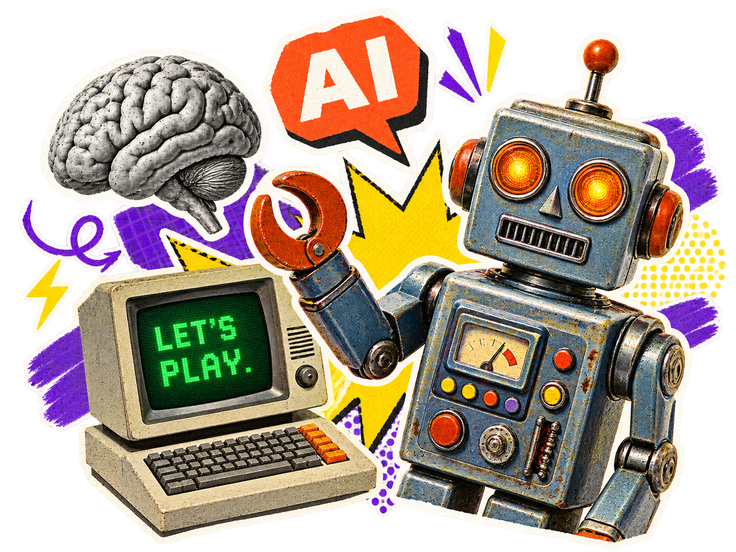 机器人、老电脑和大脑组成的 AI 玩具拼贴画